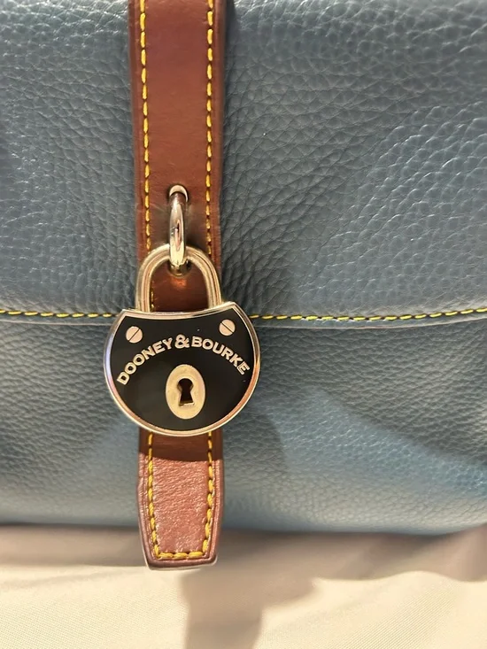 Dooney & Bourke Blue Leather Tote with Brown Trim and Gold Hardware - Picture 3 of 15